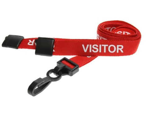 Red Visitor Lanyards 15mm with Breakaway and Plastic J Clip - Promotions Only Lanyards